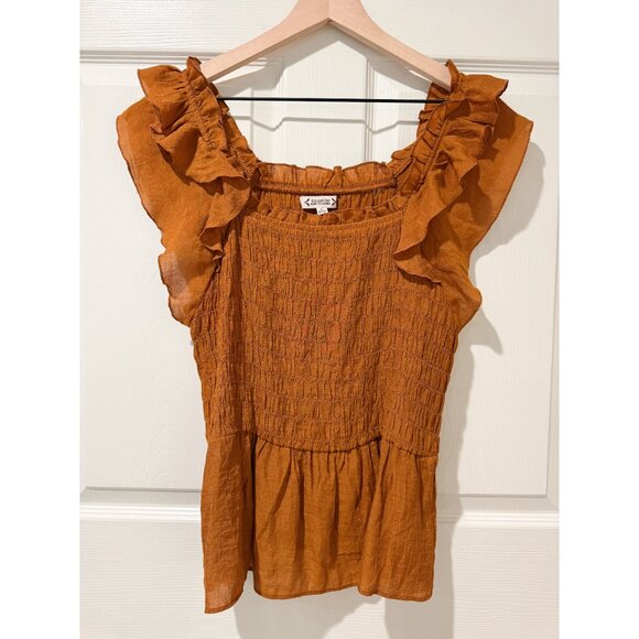 Nanette Lepore Short Flutter Sleeve Smocked Peplum Blouse Ginger Pumpkin LG - Picture 1 of 9